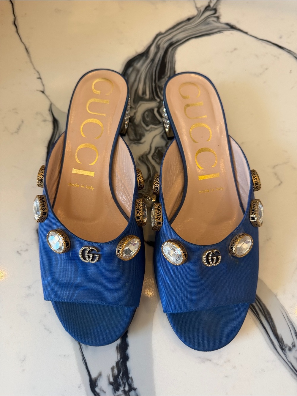 Gucci Blue Crystal-Embellished Satin Slide Sandals